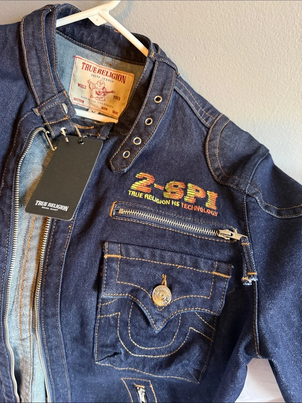 True Religion Dark Blue Denim Jacket with Embroidered Accents